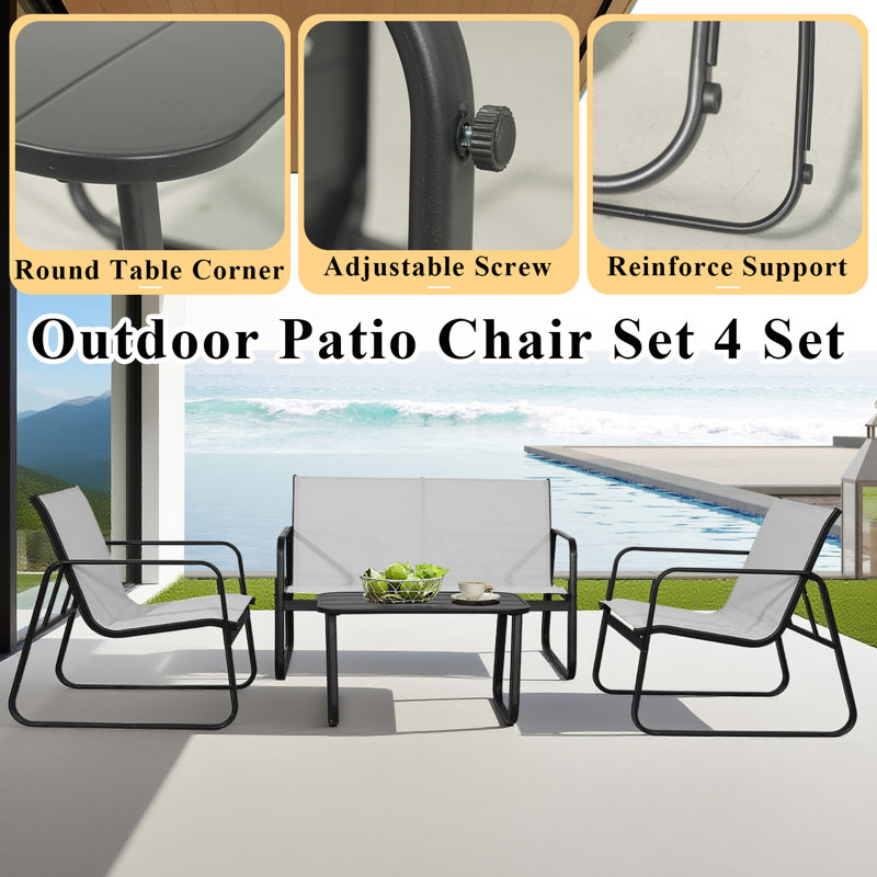 4-Piece Patio Furniture Set, Outdoor PVC-coated polyester Conversation Set With Chairs & Loveseat, With Coffee Table （Black）