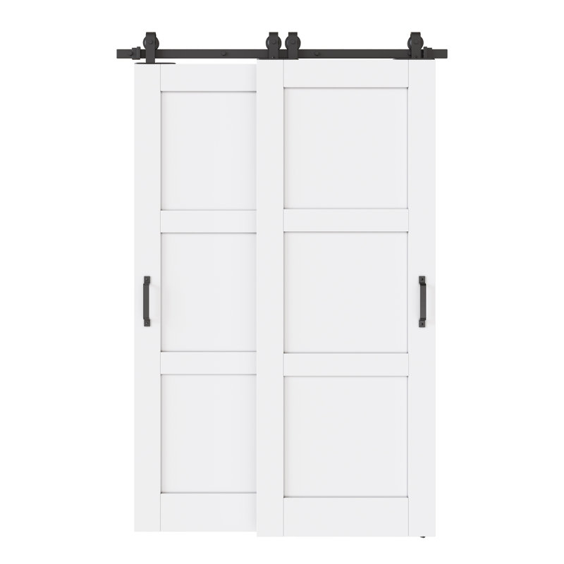 Portes doubles de grange coulissantes 52 po x 80 po à 3 panneaux blancs avec ensemble de quincaillerie avec quincaillerie de base