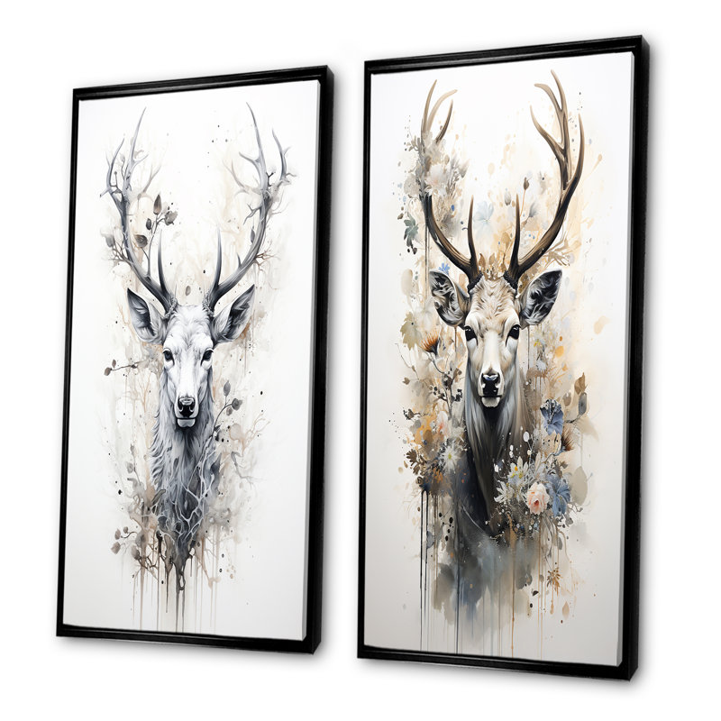 Portrait de cerf noir et blanc - ensemble de 2 reproductions d'art sur toile, Cadre noir, H 32 po x l 33 po