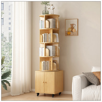 Rotating Bookshelf, 360 Degree Display 5 Tier Corner Bookshelf with Drawer for Small Space, Floor Standing Bookcase Storage Rack, Wood Narrow Book She