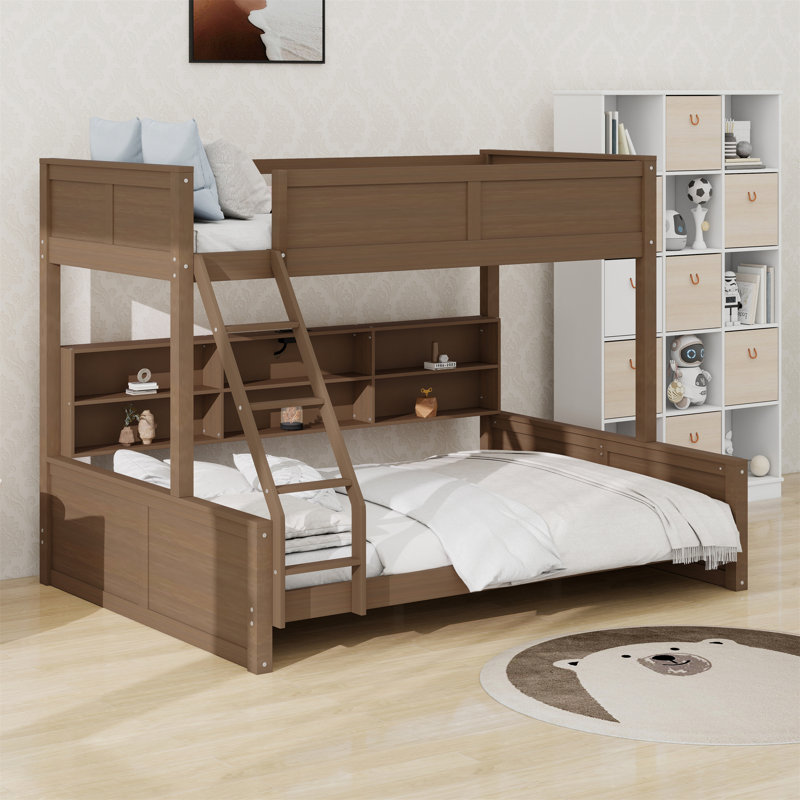 Bunk Bed With Storage Cabinets And USB Ports, Antique Wood, Twin XL Over Queen