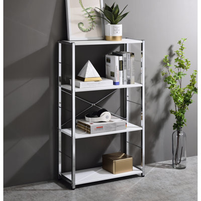 Blanc et bibliothèque - 4 espaces de rangement pour la surface, l 22 po x P 9 po x P 13 po, bibliothèque moderne en métal et bois synthétique