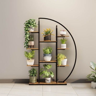 Support à plante d'intérieur en métal de 62,2 pouces de hauteur avec lumières de croissance, étagère à plantes en forme de lune à 9 niveaux avec lumière DEL, grand support à plante à fleurs à plusieurs niveaux pour le salon, plusieurs plantes