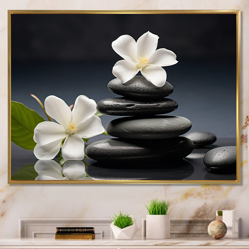 «Zen Black River Stone Blooming Magnolias», reproduction sur toile Lily, H 24 po x l 32 po x P 1 po, Cadre flottant doré