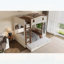 Lit superposé double avec lit gigogne, tablettes de rangement et crochets, bois massif, aucun sommier nécessaire, beige et naturel