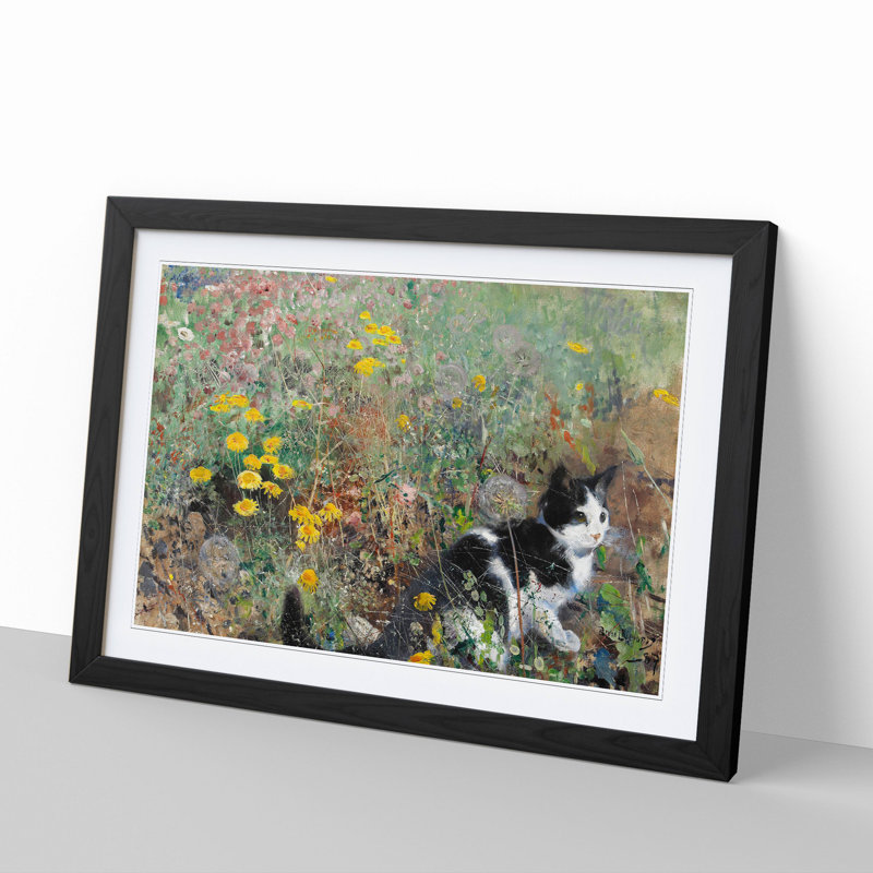 Cat on a Flowerbed by Bruno Liljefors - Picture Frame Painting, 27cm H x 36cm W x 2cm D, Black Framed