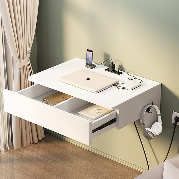 Wall Mounted Laptop Desk with Charging Station,Floating Computer Desk with Power Outlets,Home Office Student Wall Laptop PC Writing Small Desk