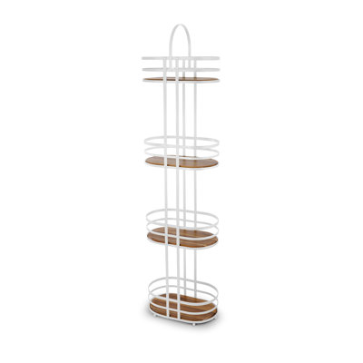 4-Tier Oval Caddy Bathroom Floor Storage Shelf Organizer with Acacia Wood Accents in Matte White