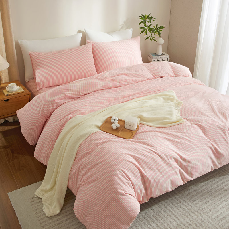 LIFETOWN Striped Duvet Cover Set,3 Pcs Breathable Durable 100% Washed Cotton Comforter Cover for All Seasons, Chic Linen Like Textured Bedding Set.