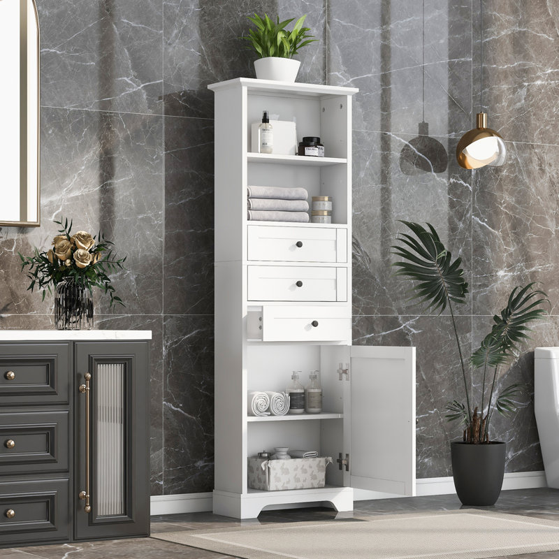 White Tall Storage Cabinet With 3 Drawers And Adjustable Shelves For Bathroom, Study, Office And Interior, MDF Board With Painted Finish