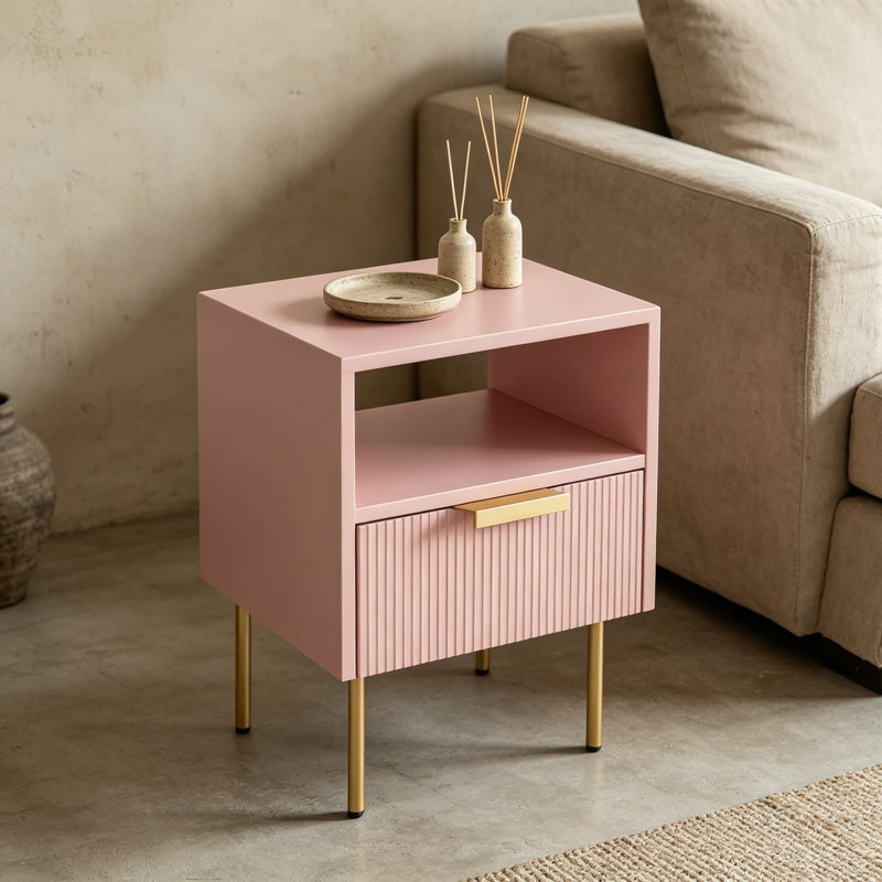 Table de chevet avec cadre doré, table de chevet moderne avec tiroir et tablette, petite table de bout pour le salon de la chambre à coucher, motif à rayures roses