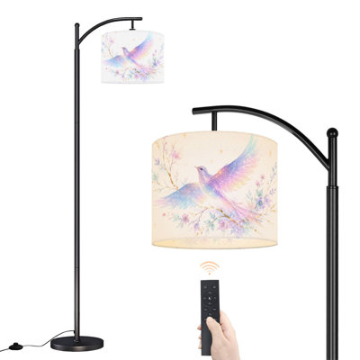 Arched Floor Lamp Majestic Celestial Bird Pastel Wings Floral Accents 62.6" Tall Modern Standing Lamp, LED Linen Drum Shade, 3 Color Temperature, Remote & Foot Switch Control for Living Room Bedroom Reading Nook