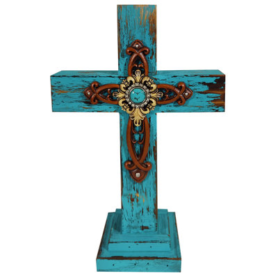 Fleur de lys turquoise ornée croix en bois debout