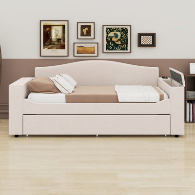 Upholstered Daybed With Storage Armrests,Trundle And Latest Integrated Bluetooth Audio System.