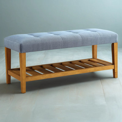 Wood And Fabric Bench With Tufted Seat Cushion And Open Storage Shelf, Blue And Oak