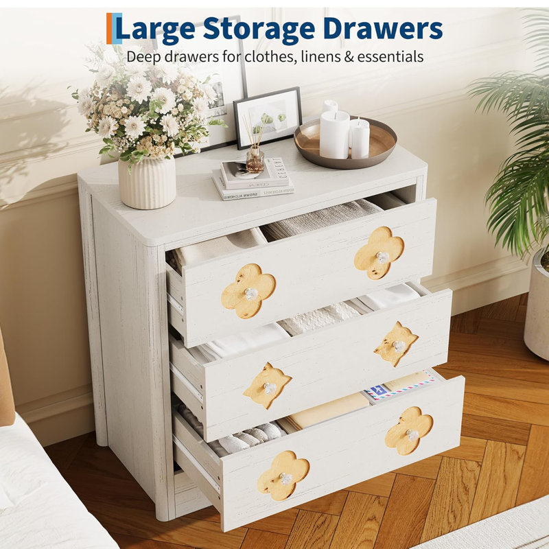 Commode pour chambre à coucher, grande commode pour garde-robe avec grand tiroir Boho, Blanc