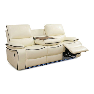 Leather Power Recliner Sofa Set, Modern Reclining Sofa For Living Room Furniture Set, Breathing Leather Reclining Couch With Cup Holders/Drop Down Table For Living Room, 3 Seater,Cream White