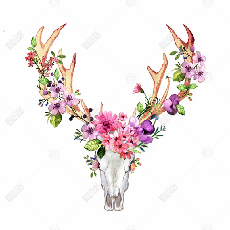 « cerf-crâne avec fleurs », reproduction de peinture à l’huile sur toile tendue, H 12 po x l 12 po x P 1,5 po
