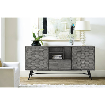 Gray Wood Sideboard, Unique 3D Honeycomb Design, Ideal For Buffet, Media, And Office, Quick Installation Accent, Multi - Function Home Simple Setup