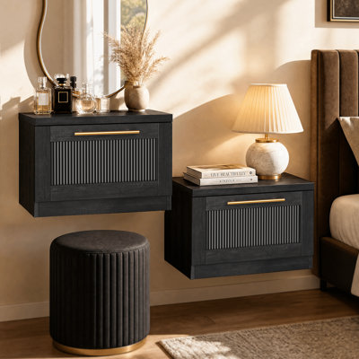 Adelle Floating Nightstands, Wall-Mounted With Soft-Close Drawer, Black Wood Grain（Set Of 2)