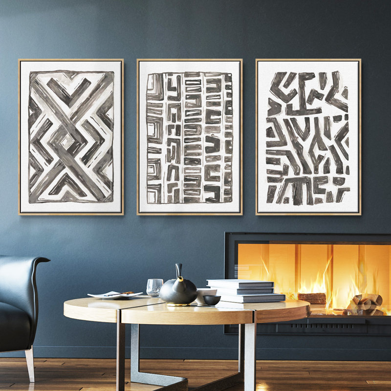 Tribal Geometric I - Ensemble de 3 reproductions encadrées sur toile, H 40 po x l 78 po, Bois naturel
