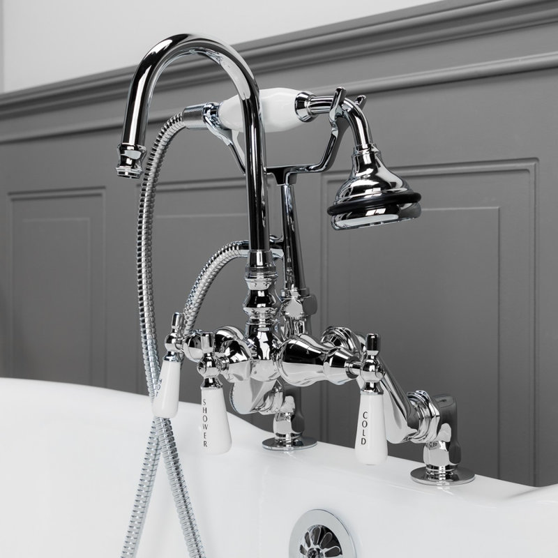 Robinet pour baignoire sur pattes trois poignées avec robinet de déviation et douchette, Chrome
