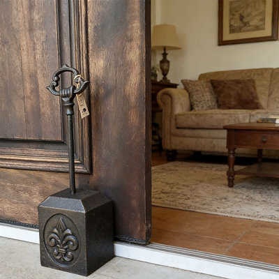 100% Cast Iron Heavy Door Stop (9 Lb) - Fleur De Lis Design With Handle, Sturdy Doorstop For Home Use