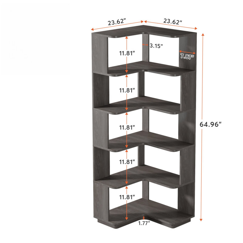 Bibliothèque de coin 64,96 "de hauteur à 6 niveaux, bibliothèque industrielle en forme de L de 64,9 pouces de hauteur avec panneau anti-chute, étagère de rangement autoportante en grain de bois gris pour bureau à domicile