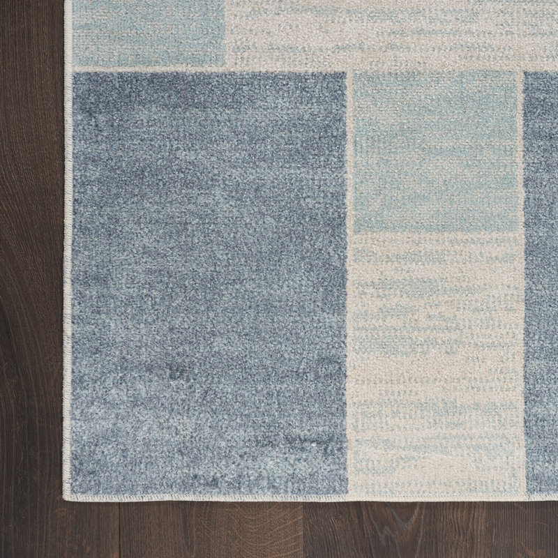 Tapis bleu / ivoire en polyester tissé à la machine Borisas, Rectangle 2 pi 2 po x 4 pi