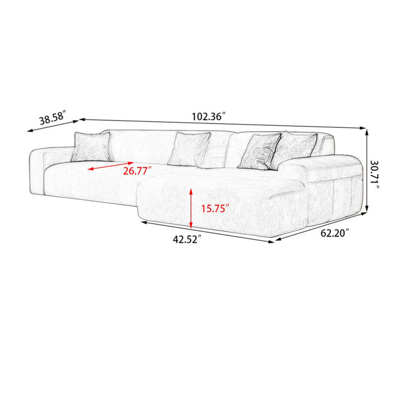 Canapé modulaire 2 pièces rembourré, H 30,71 po x l 102,36 po x P 62,2 po, Face à la droite