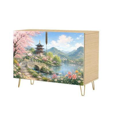 Buffet/console d'appoint moderne avec 2 portes de rangement dissimulées, inspiré d'un jardin de cerisiers en fleurs et d'un pont en pierre, au bord d'un lac serein. Meuble de rangement autoportant peu encombrant idéal pour le salon, la cuisine, l'entrée ou le coin café.
