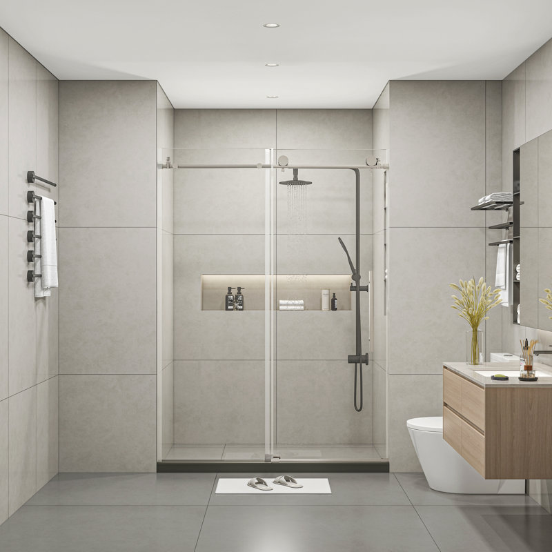 Portes de douche coulissantes en verre sans cadre de 60 po de largeur x 76 po de hauteur avec verre trempé transparent de 3/8 po (10 mm)