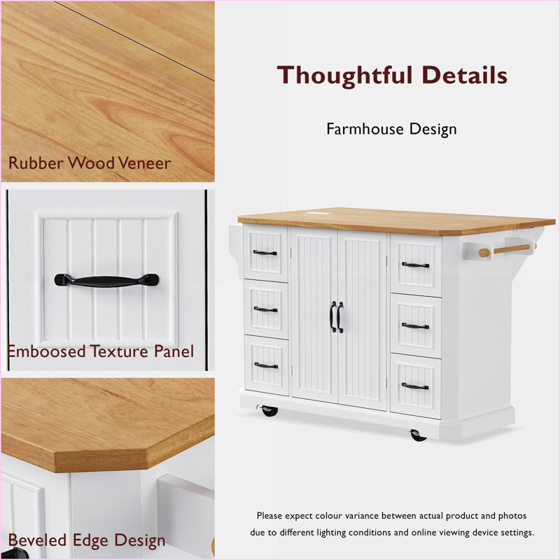 Kitchen Island with Drop Leaf, Power Outlet &amp; Storage - 56in Snow White Farmhouse Rolling Cart | Farmhouse | MDF,Rubber Wood