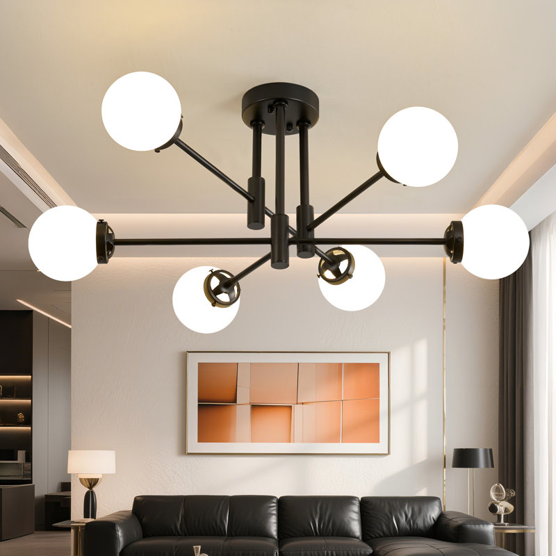 Lustre moderne Tameya Spoutnik avec abat-jour en verre blanc laiteux, Noir
