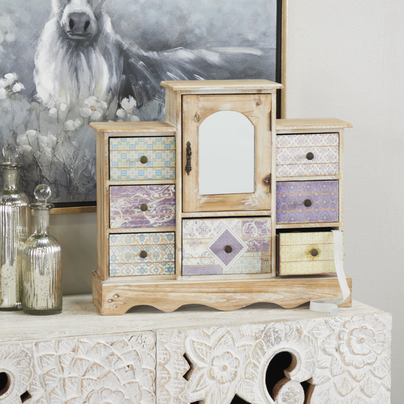 Boîte à bijoux en bois 7 tiroirs brun clair avec motifs patchwork