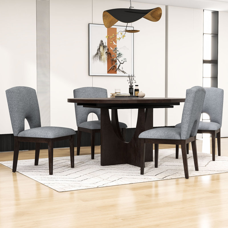 Ensemble de salle à manger moderne 5 pièces Chavonte, table ronde en bois avec rallonge amovible et 4 chaises rembourrées