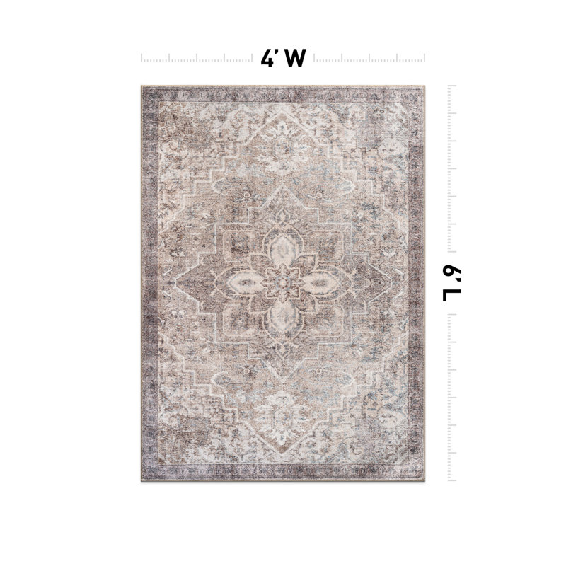 Savina Beige Persian-Inspired Machine Washable Area Rug With Non-Slip Backing, Rectangle 4' x 6'