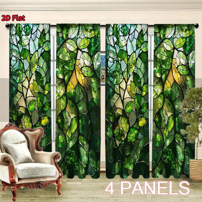 4Pcs Green Leaves Stained Glass Style Curtains for Living Room Bedroom Kitchen, Window Treatment with Rod Pocket, Home Decor, Drapes, Elegant Covering|
