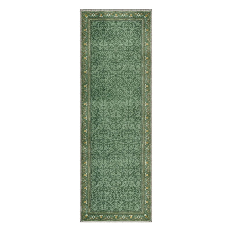 Verdure Floral Botanical Vines Machine Washable Sage Indoor Area Rug With Non-Slip Backing, Runner 2' x 6'