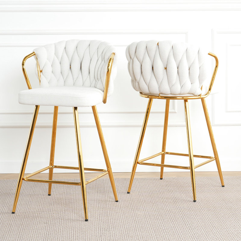 Tabouret haut de style moderne Twosome, pieds dorés, chaise de bar en flanelle blanche pour la cuisine, la salle à manger, le café, le bar, le restaurant, ergonomique, base solide, pieds réglables, grand espace pour s'asseoir,