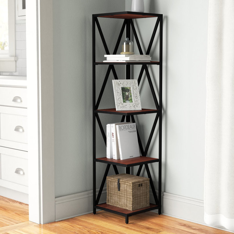 Ariyana Corner Bookcase, (4 Shelves) 53.5" H x 13" W x 13" D, Cherry/Black