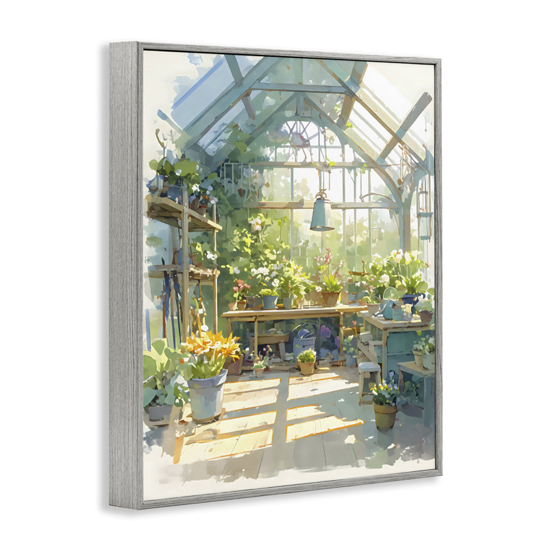 «Sunlit Greenhouse Plant Sanctuary», estampe numérique, design by Creative Studio, 14 x 11, Farmhouse Gray Giclee Framed