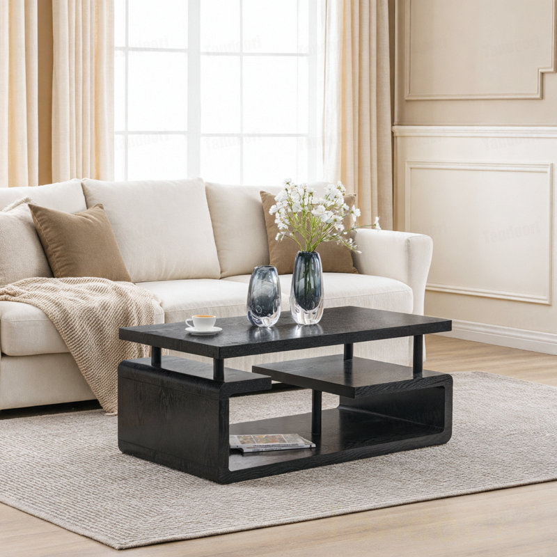 Table basse à trois niveaux en panneau de fibres à densité moyenne avec finition grain de bois