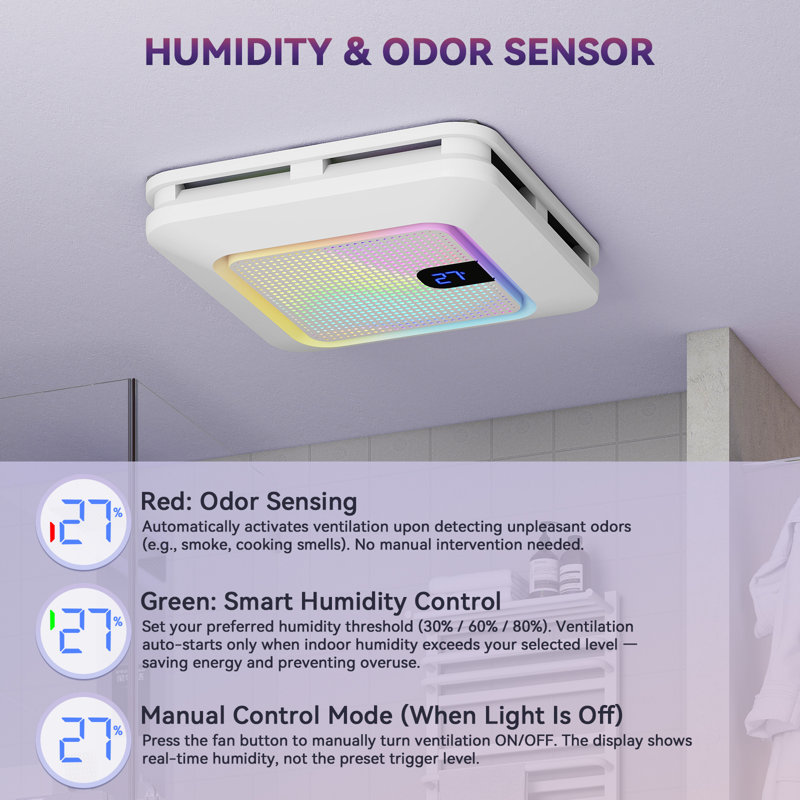 Bathroom Exhaust Fan with Light, Smart Humidity Sensor, Remote