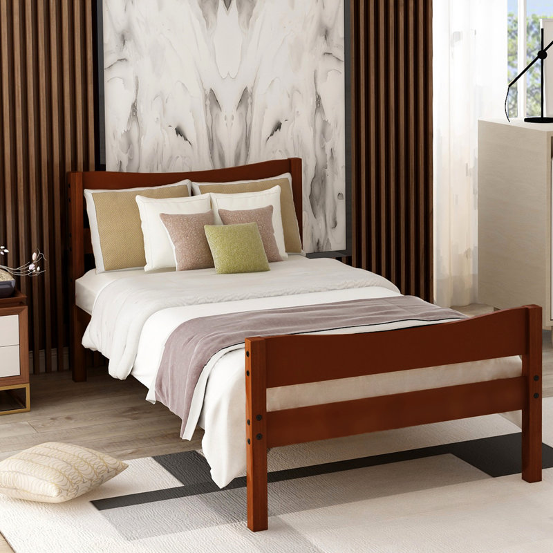 Twin Size Wood Platform Bed With Headboard, Walnut Color And Firm Foundation Headboard Slat Support For