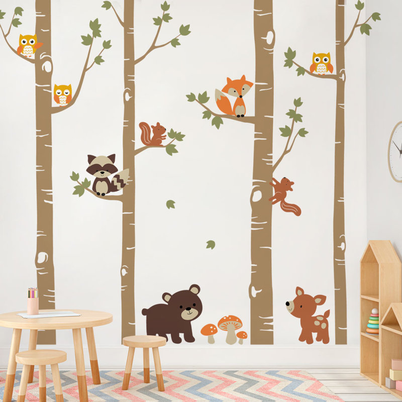 Adhésif décoratif bouleaux avec de jolis animaux de la forêt, H 96 po x l 112 po, Schéma B