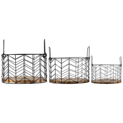 Round Iron Nesting Baskets With Natural Wood Base - 14" - Set Of 3