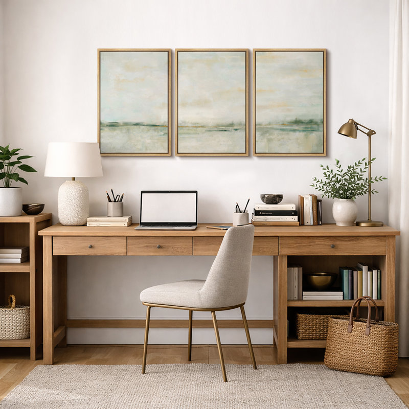 Minimal Landscape "Pastel Green & Yellow Artwork, Abstract Minimalist Illusion Living Room Wall Pictures, 3 Pieces Framed Canvas Giclee Print Wall Art" 16"x24"x3 pcs, 24"x36"x3 pcs