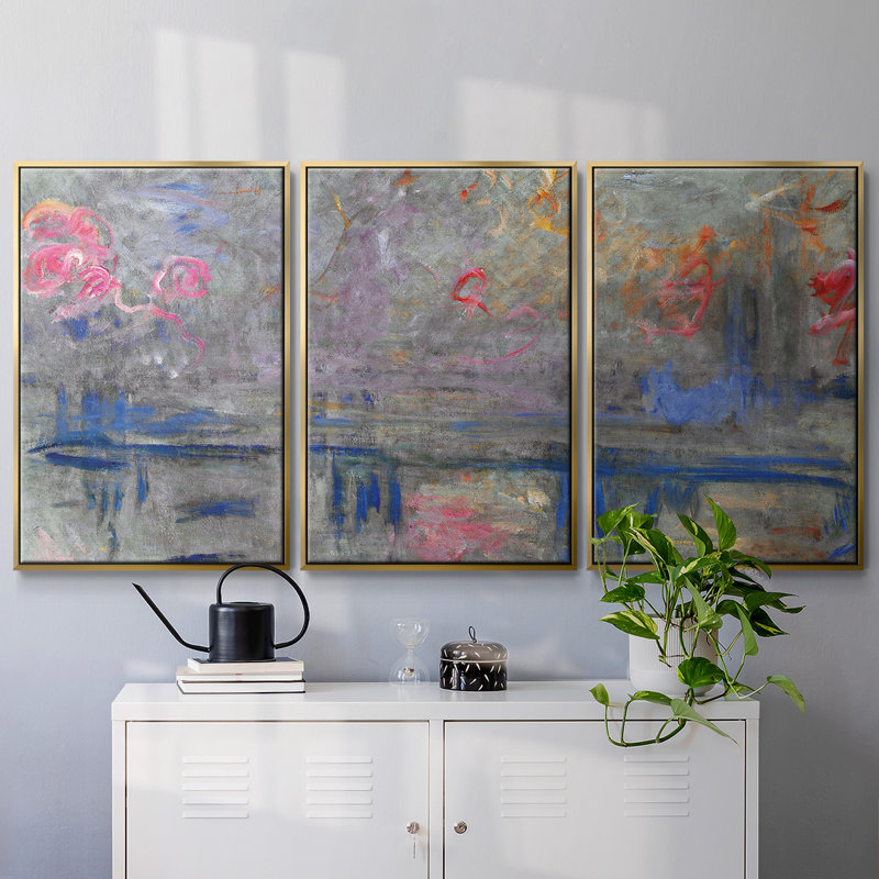 Monet - 3 pièces, reproduction encadrée sur toile, Or, H 40 po x l 78 po x P 2 po