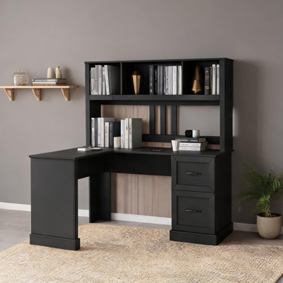 L-Shaped Computer Desk with Hutch and Storage, Sleek Black MDF, 59.84 Inches Wide